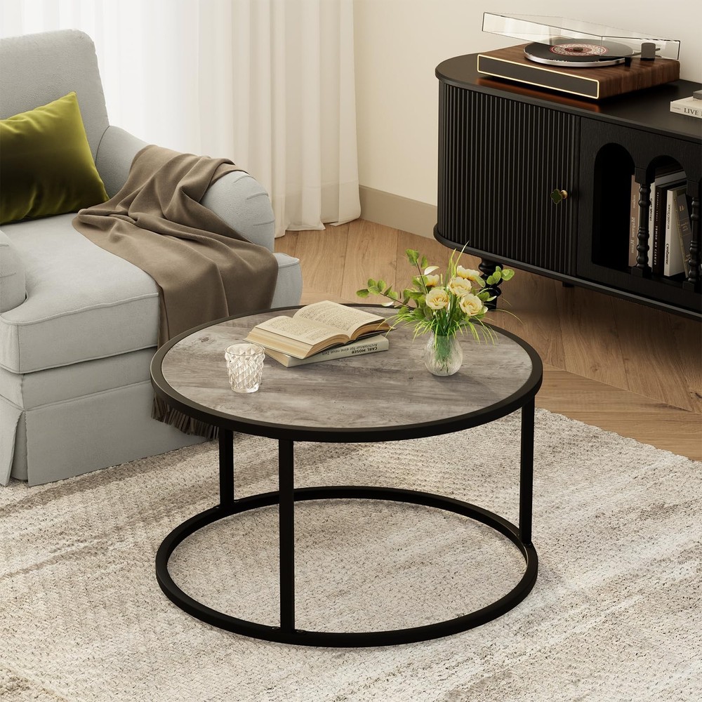 SAYGOER Gray Round Coffee Table and Half Moon Side Table Collection