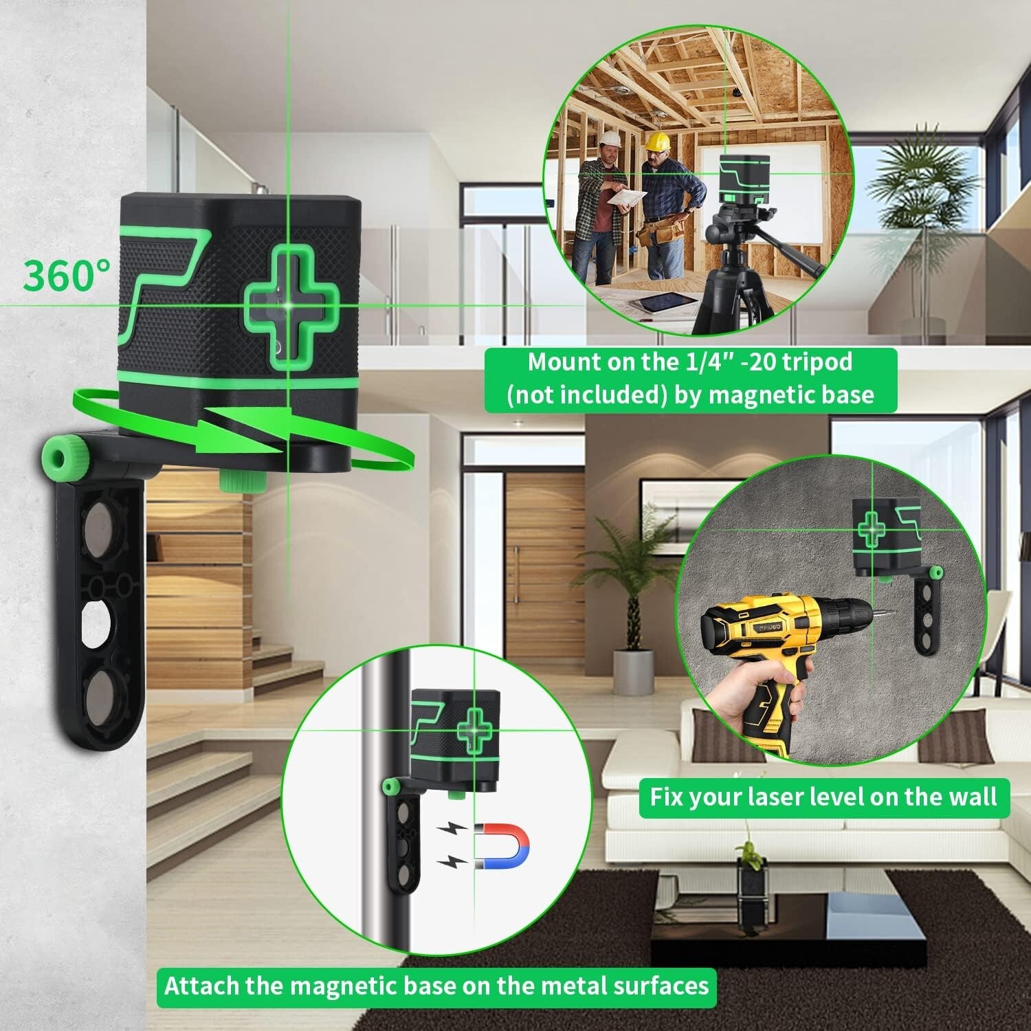 2 Line Laser Level 360° Rotary Cross Line Self Leveling Tool W/Bracket Batteries