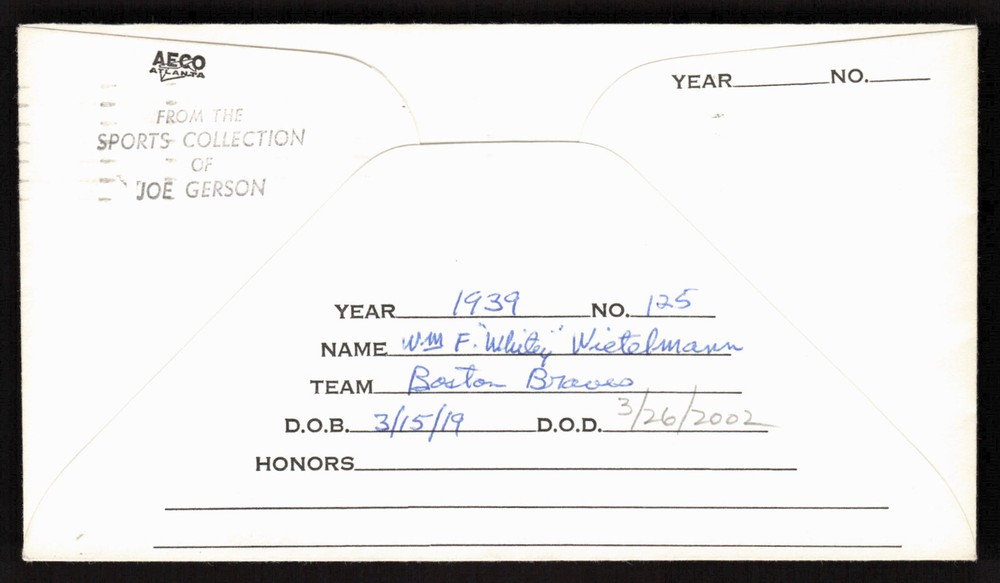 Whitey Wietelmann Signed Baseball Postal Envelope Boston Bees Autograph Auto
