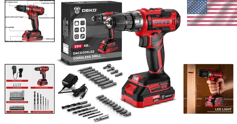 DEKO PRO Red Cordless Drill - Lightweight 20V Kit with Comprehensive Bits Set