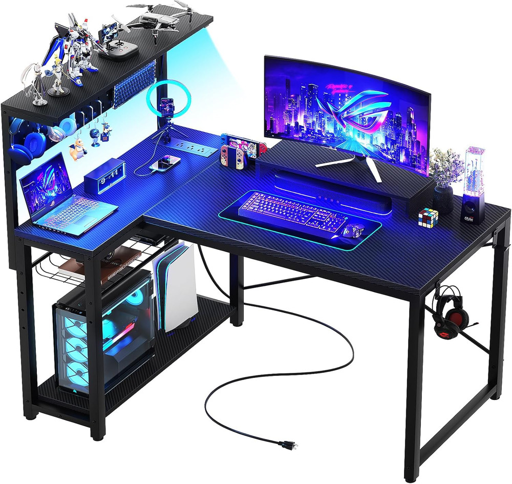 Small Gaming Desk with Power Outlets Pegboard LED Light, 43 Inch L Shaped Comput