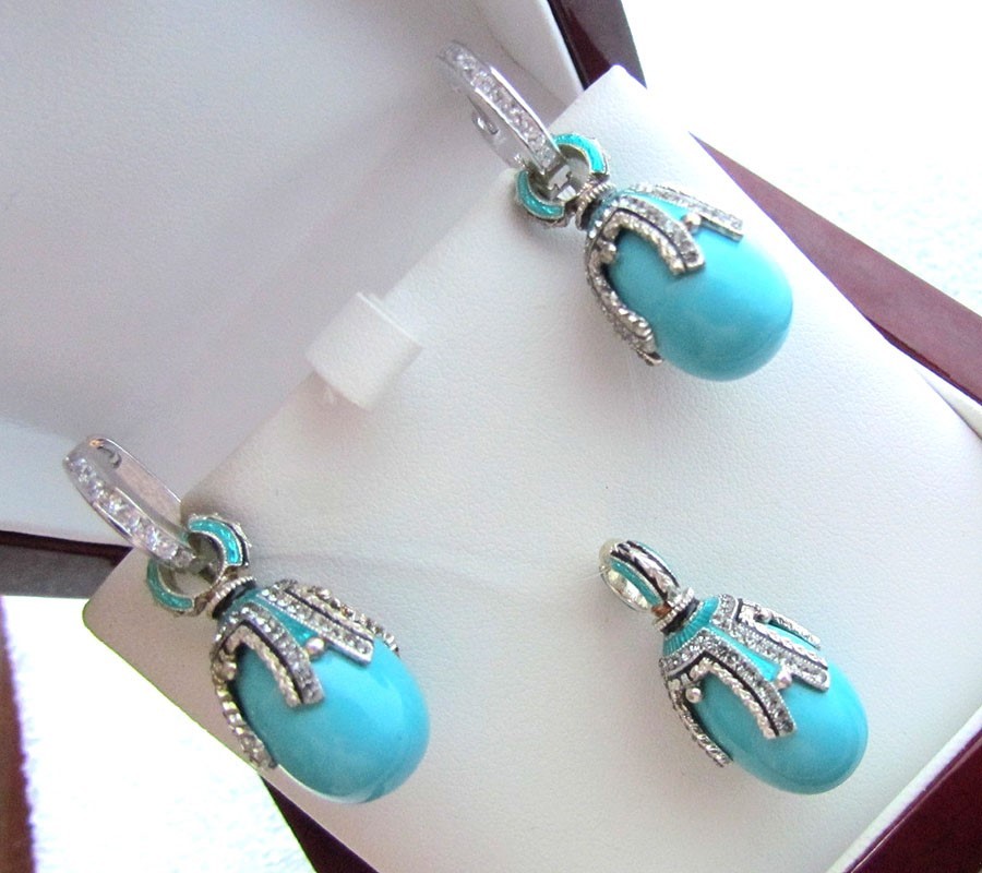 TURQUOISE EARRINGS & PENDANT SET HANDMADE RUSSIAN SOLID STERLING SILVER 925