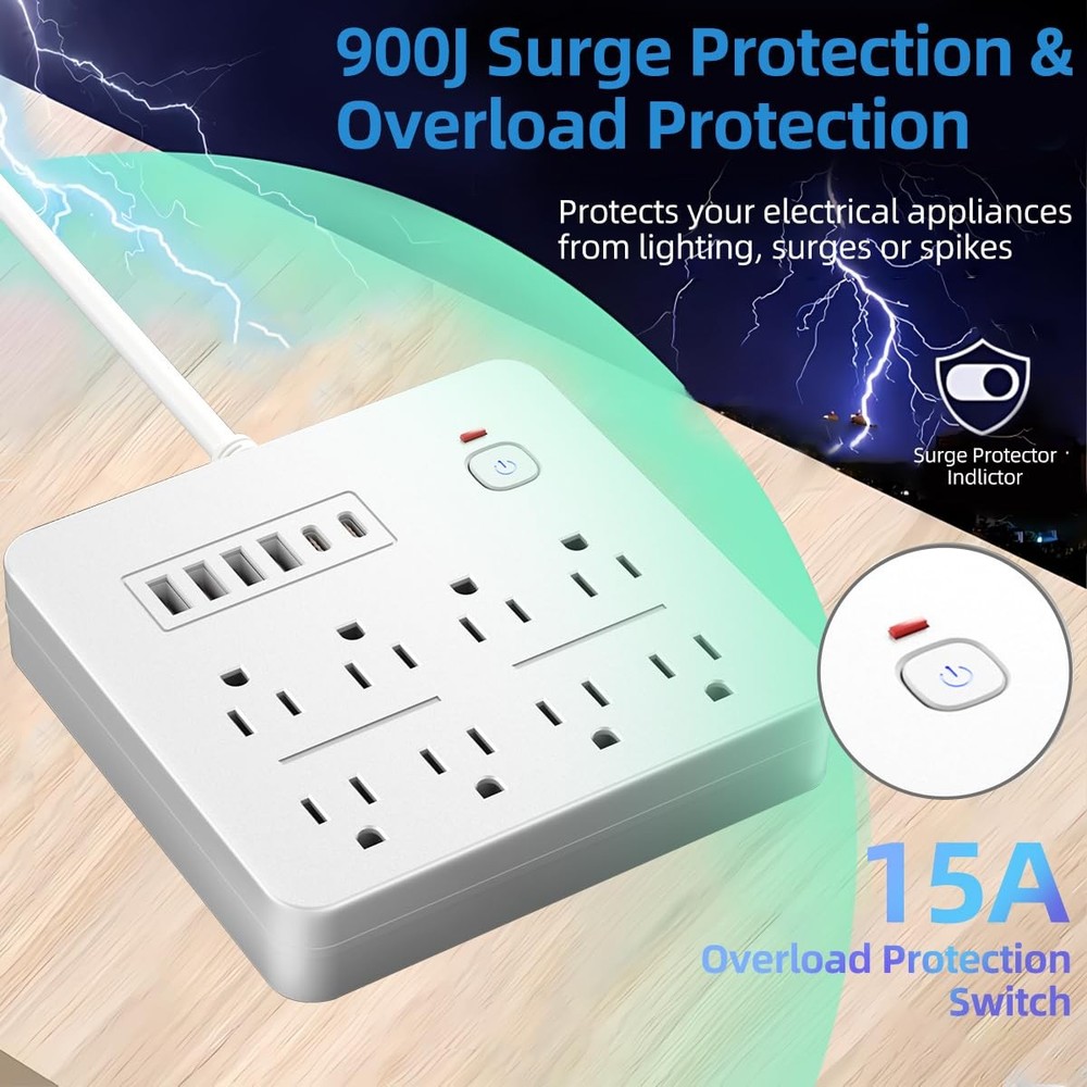 6 FT Flat Plug Surge Protector Power Strip,8 Multiple AC Outlets with 6 USB P...