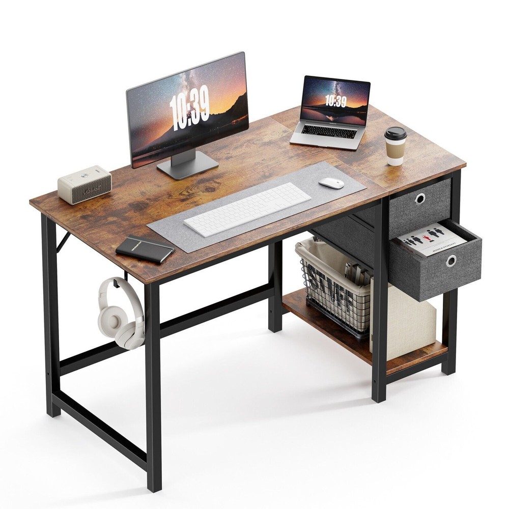 Office Study Table with Side Hook and 2 Storage Drawers - 40/47in Computer Desk