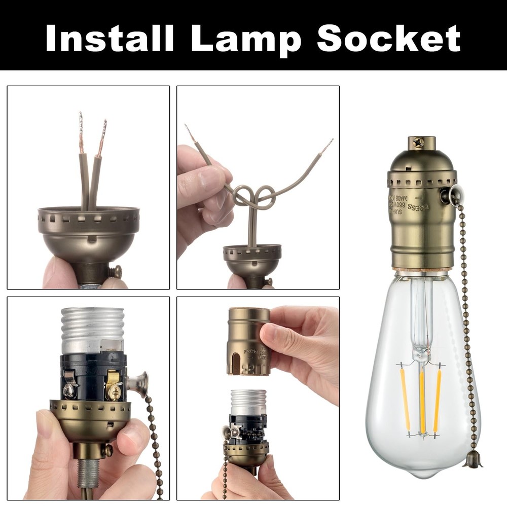 Pull Chain Lamp Socket Replacement, E26 Standard Threaded Base, Antique Brass