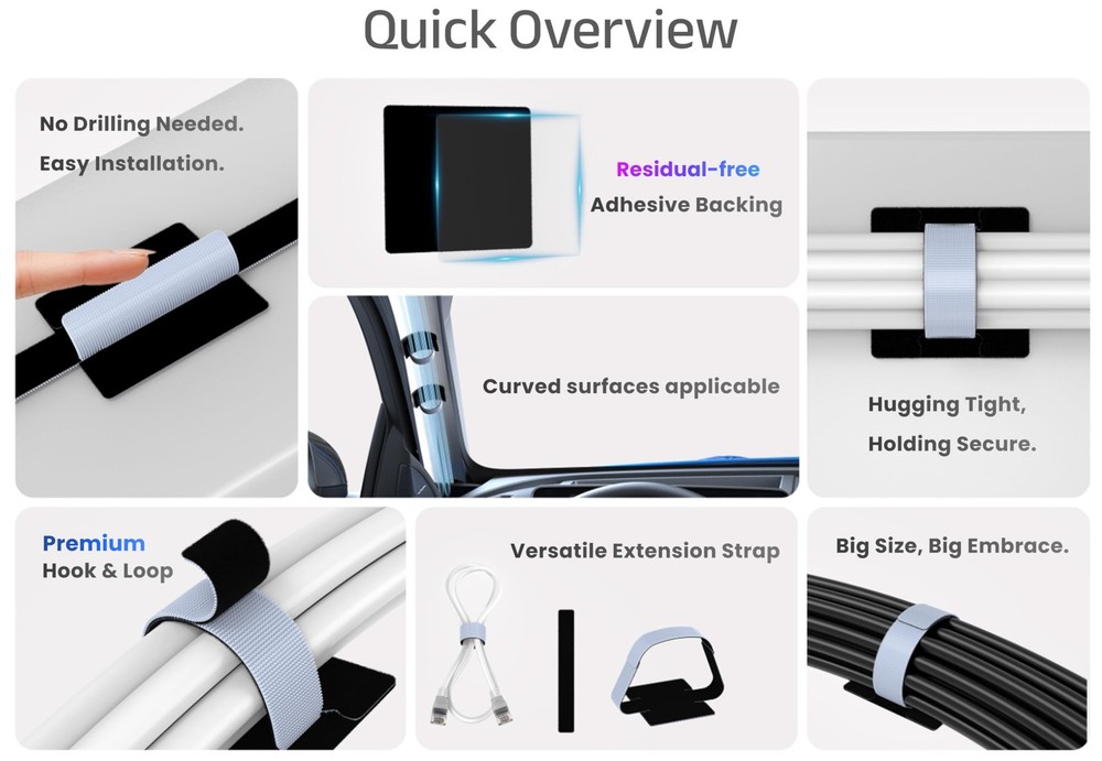 Under-Desk Cable Management Straps Adhesive Heavy-Duty Reusable Hook Loop