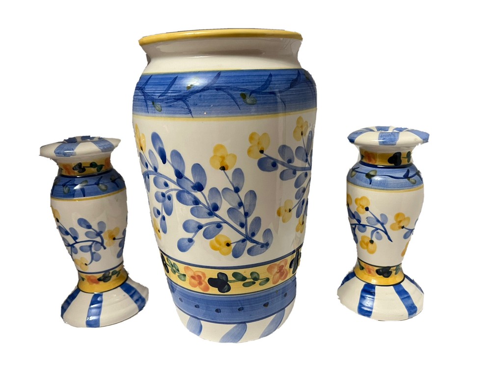 Ceramic Vase 9in with 2 Candle Holders Blue Yellow Set