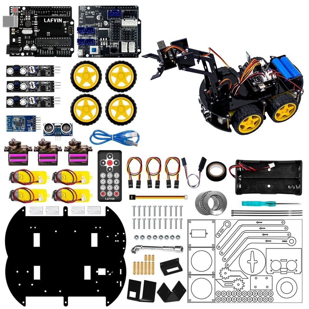 LAFVIN Mechanical 4WD Robot Arm Smart Car Kit - STEM/Graphical Programming Ro...