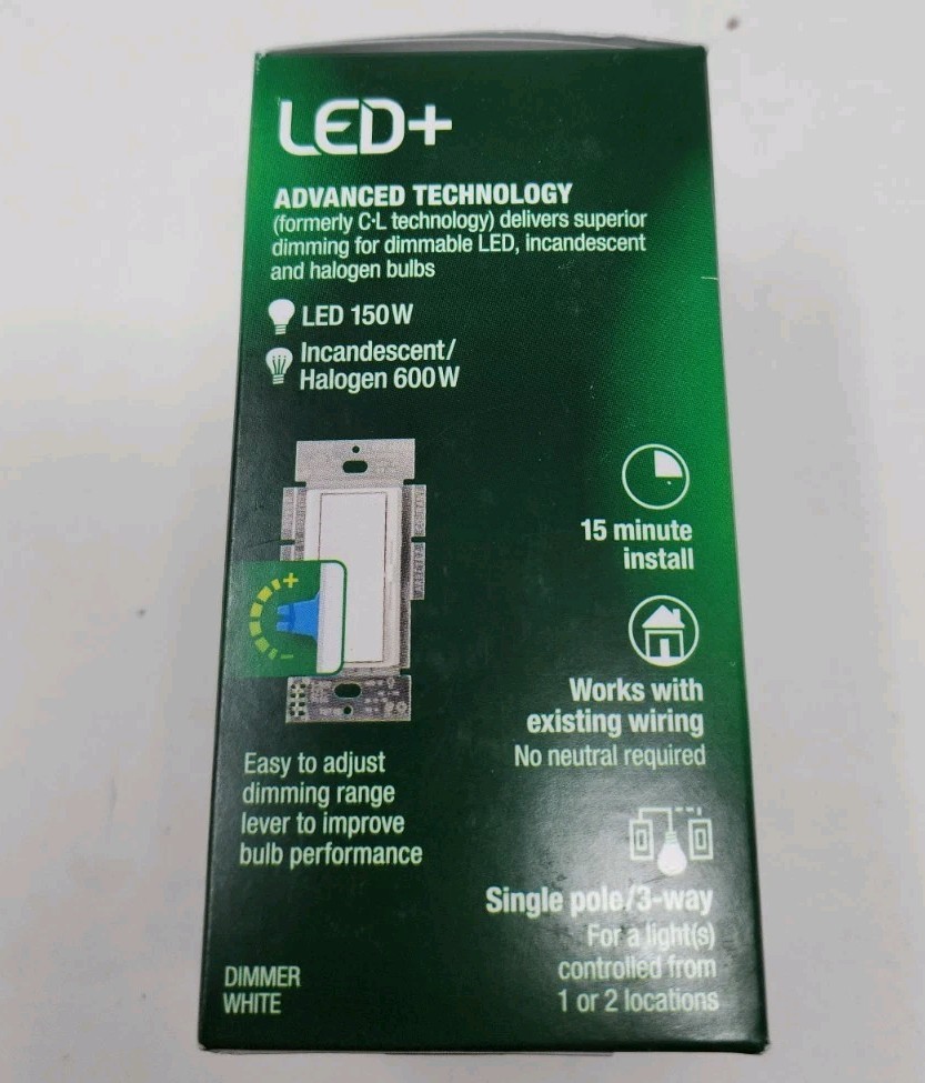 New Lutron DVCL-153PR-WH Diva Dimmer Switch 120V Single Pole 3-Way LED+ White