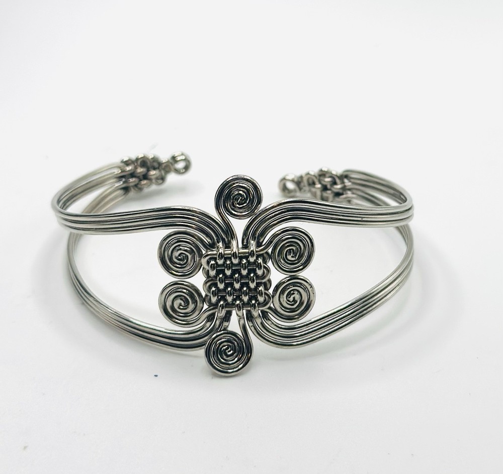 Boho Silver Tone Wire Wrapped Cuff Bracelet Artisan Scroll Modernist Statement