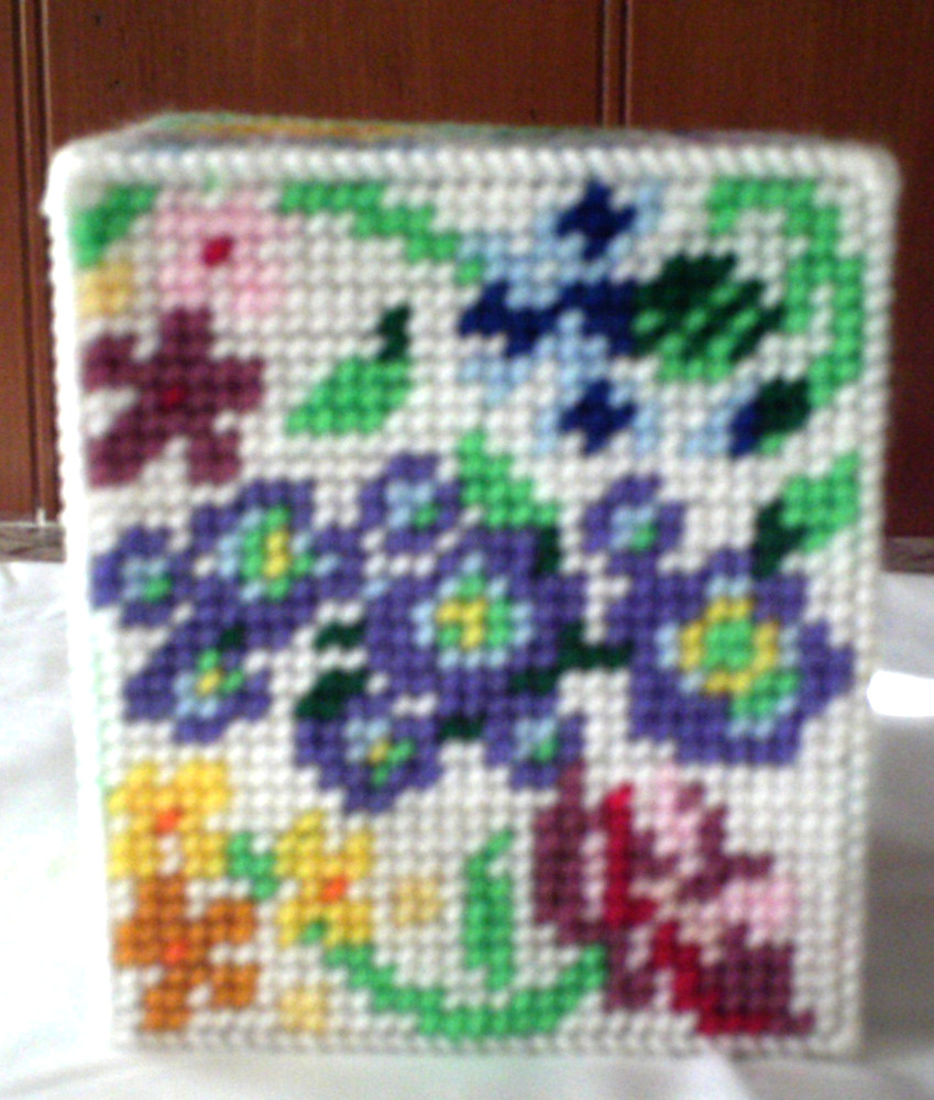 "Spring Flowers" Tissue Box Cover (Plastic & Yarn) Finished