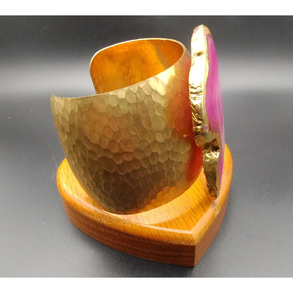 Handcrafted Hammered Goldtone Cuff Bracelet Pink Agate Geode Slice Statement