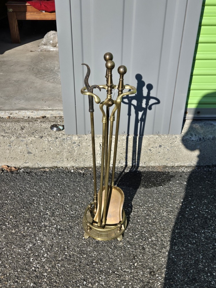 Vintage Solid Brass Fireplace 3 Tools with Stand Set 4x PIECE Round Claw Footed