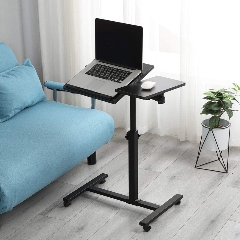 Adjustable Mobile Laptop Table Rolling Bedside Desk W/ Wheels Edge-Stopper Black