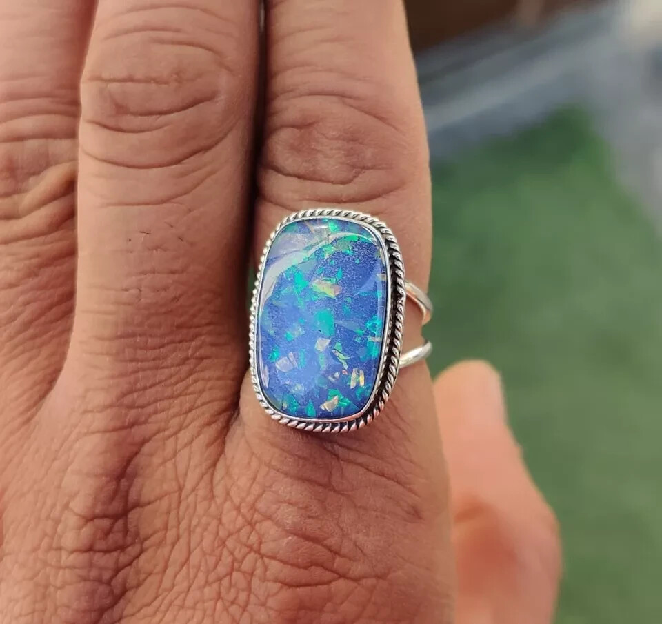 Australian Opal Gemstone Solid 925 Sterling Silver Designer Ring All Size MK*