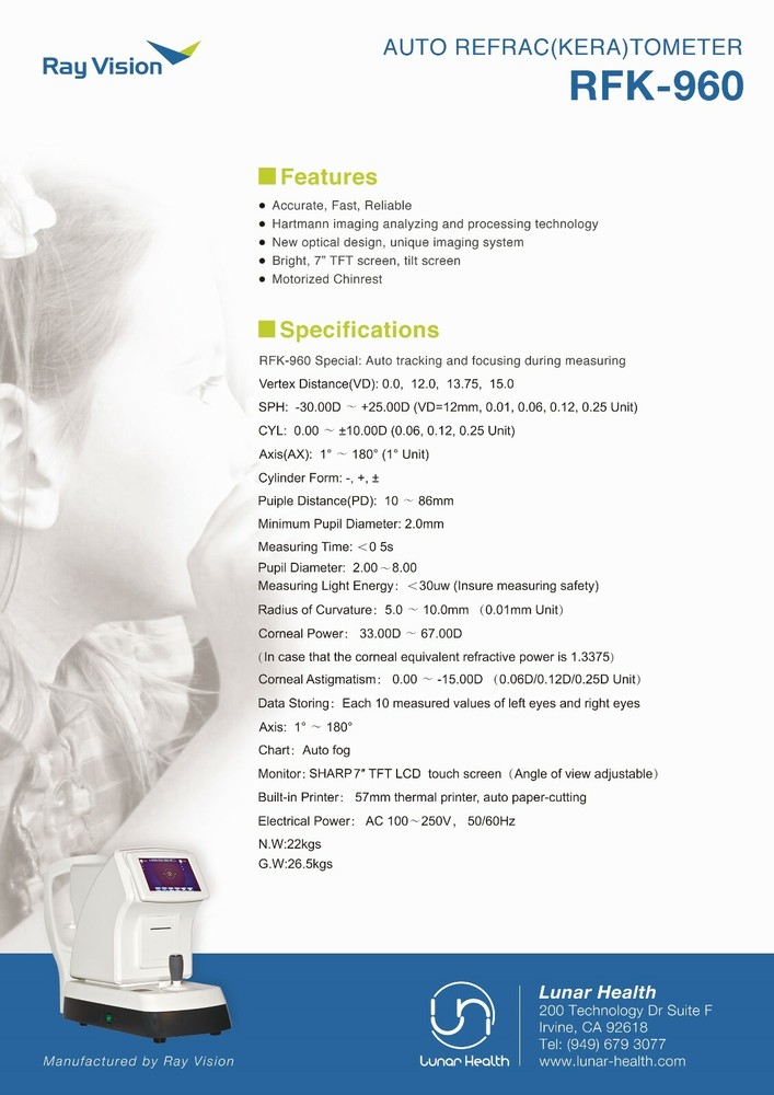 7" Touch Screen Auto-Refractor Keratometer Refurbished Refractometer RFK-960