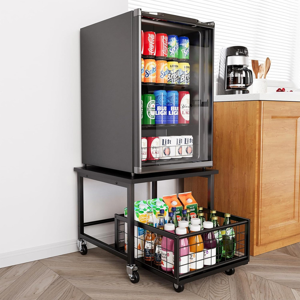 Heavy Duty Mini Fridge Stand with Wheels & Storage Drawer - Black