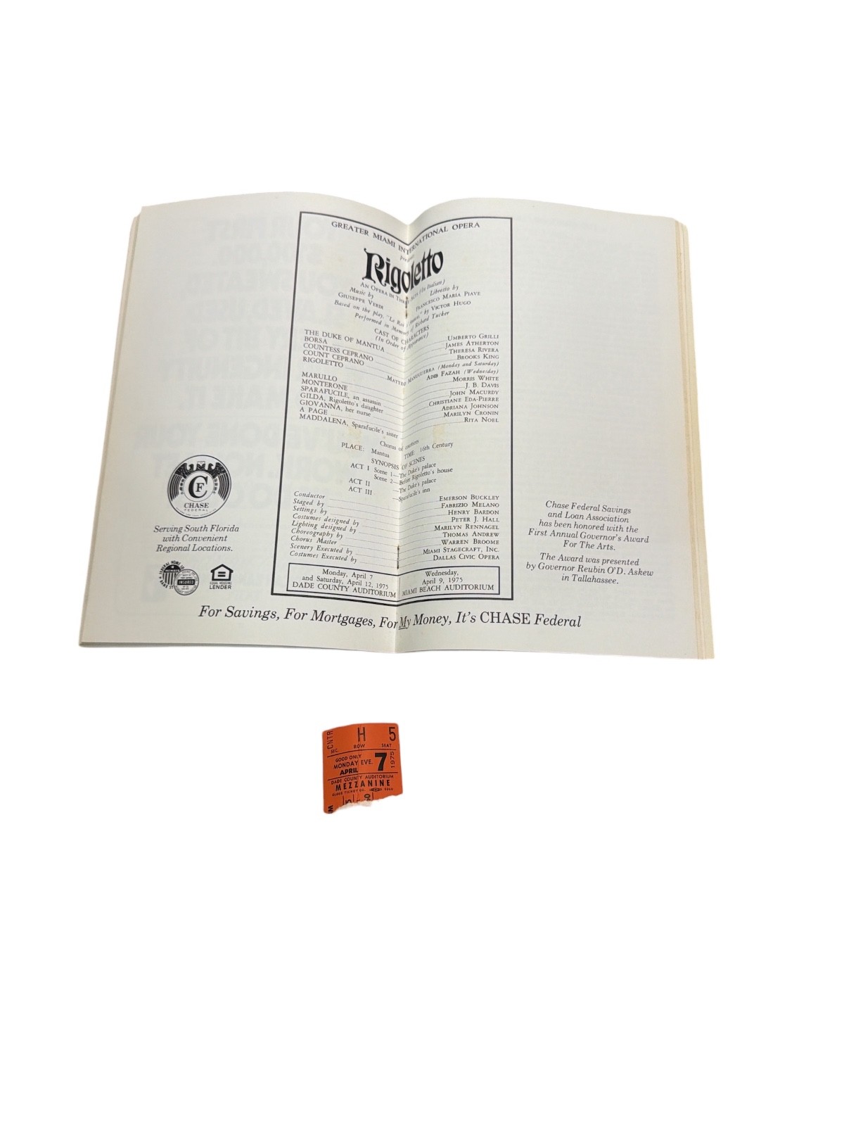 Vintage Rigoletto Opera Program 1975 Greater Miami Intl Opera w Ticket Stub