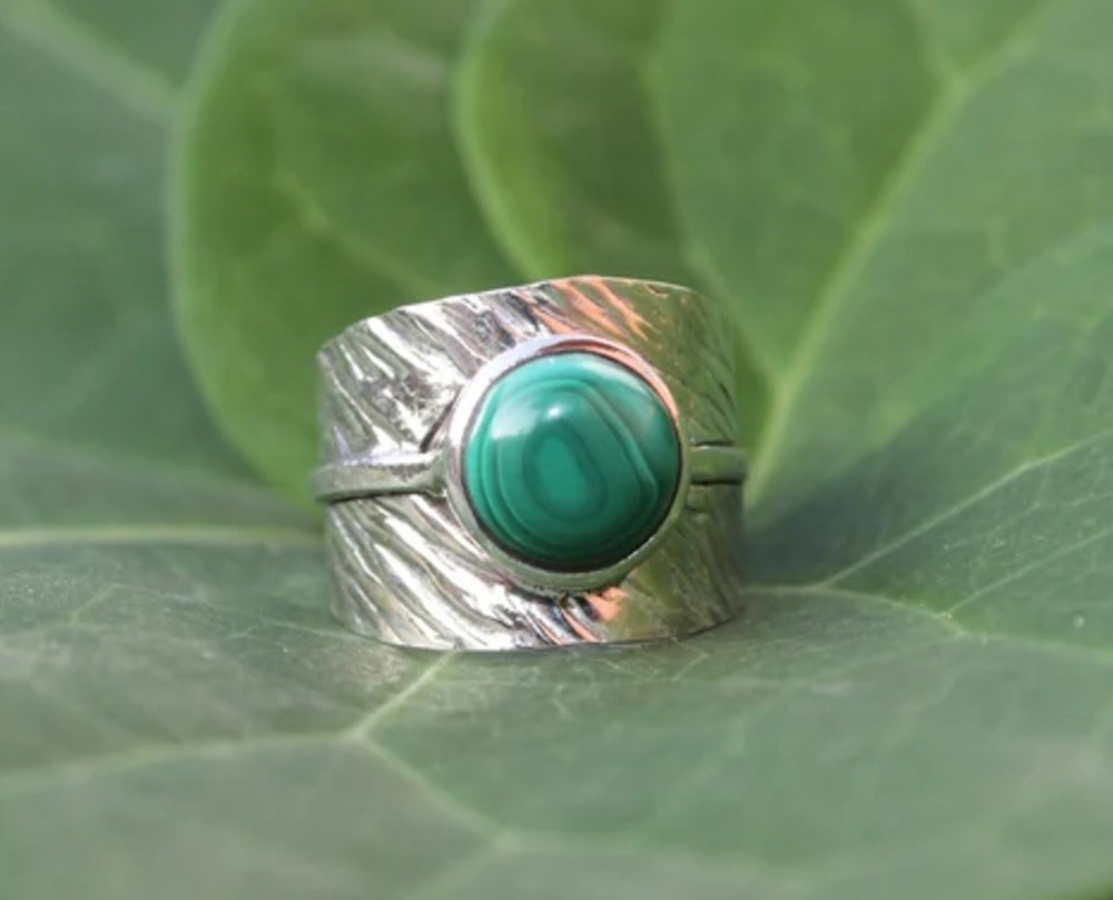 Solid 925Sterling Silver Natural Malachite Gemstone Wide Leaf Textured Boho Ring