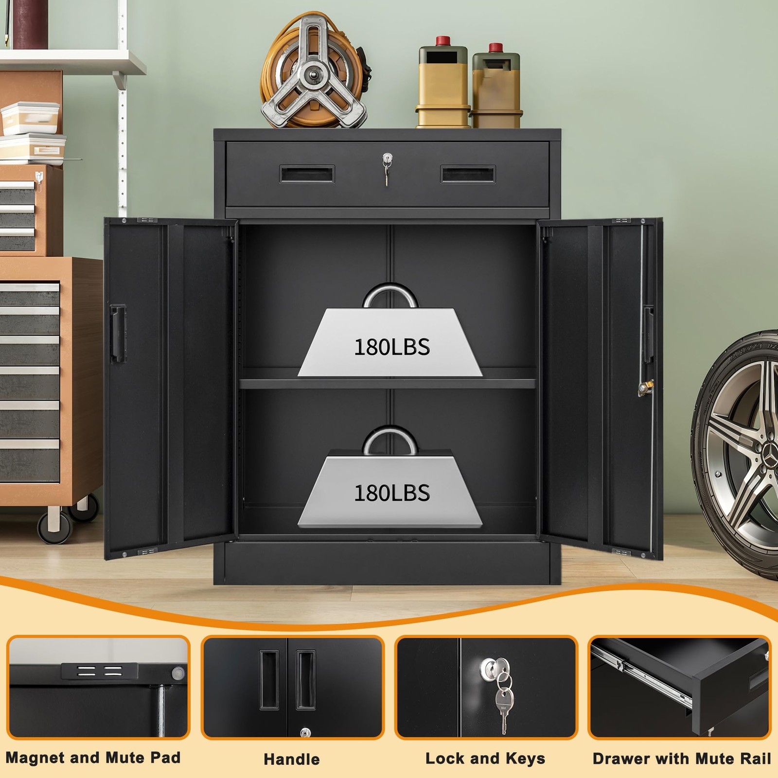 Metal Storage Cabinet, Locking Cabinet with One Drawer and Adjustable Shelf