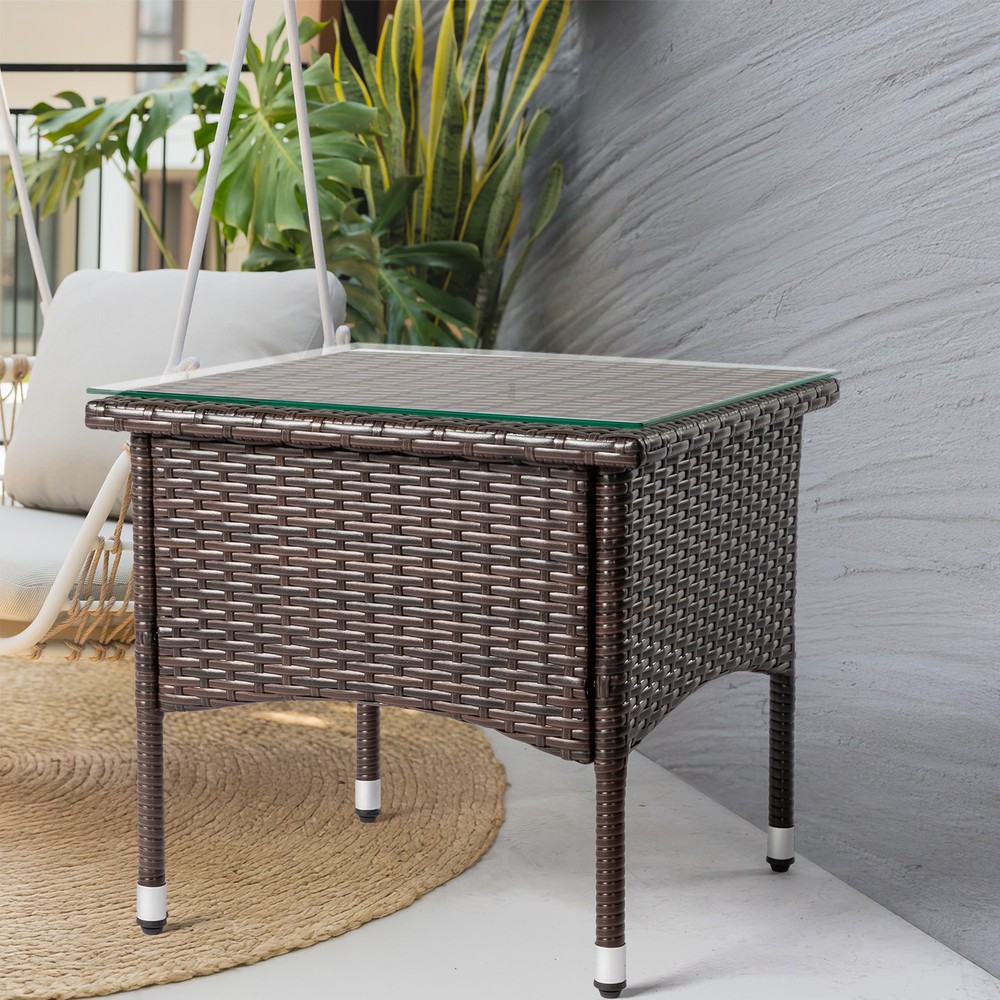 20" Patio Side Table, Outdoor Patio Wicker Square End Table, Brown