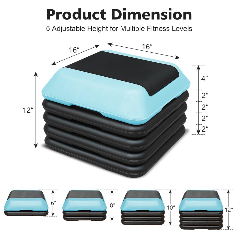16"x16" Exercise Aerobic Step Platform with 4 Risers, Adjustable Height 4"-6'...