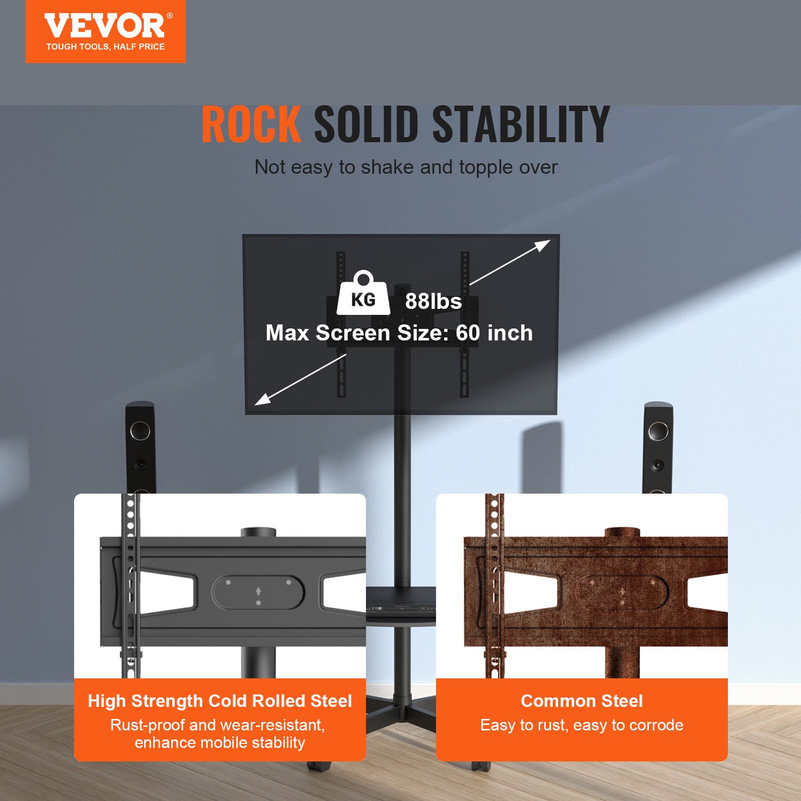 VEVOR Mobile TV Stand Mobile TV Cart for 23"-60" TVs with Wheels & A Tray