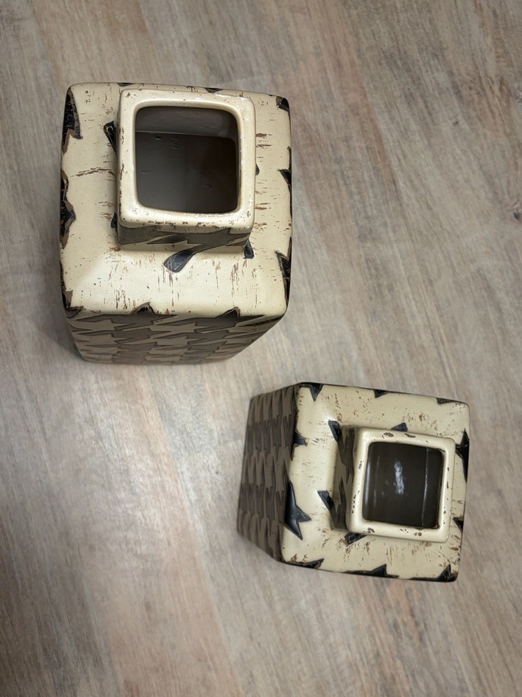 Two (2) Houndstooth Square Ceramic Vases