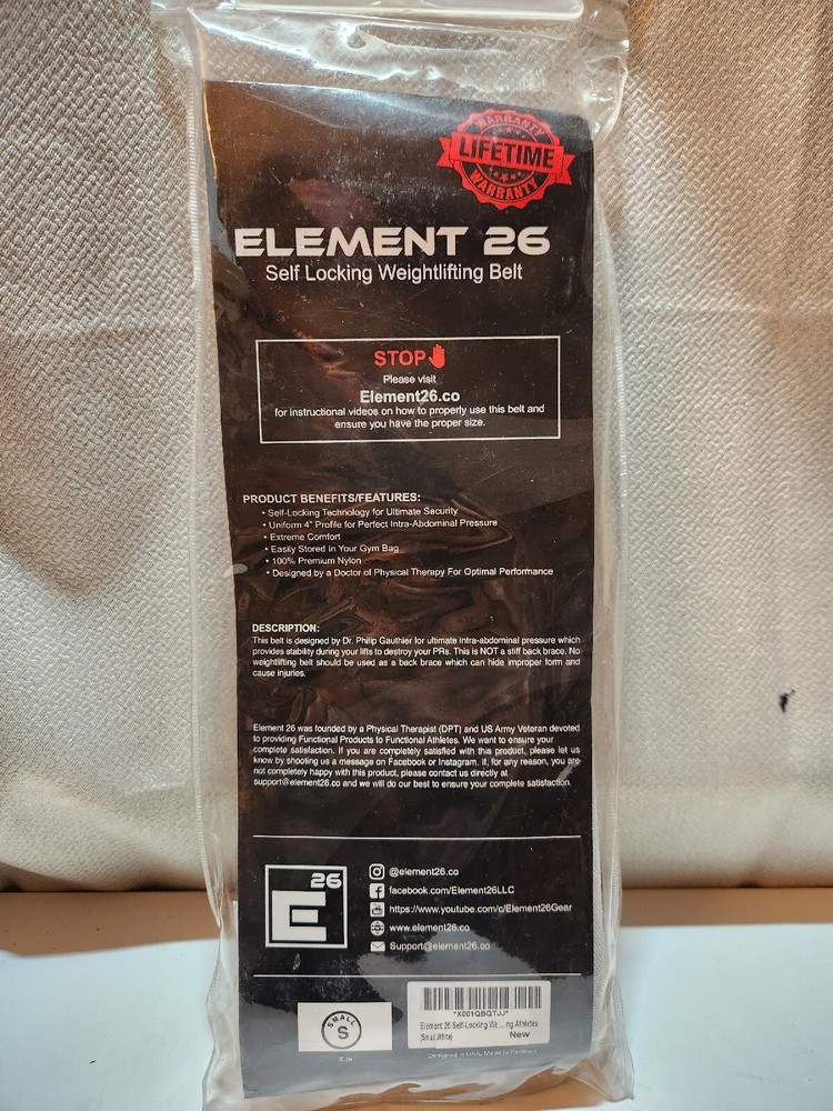 Element 26 Self-Locking Weight Lifting Belt Size Small NEW