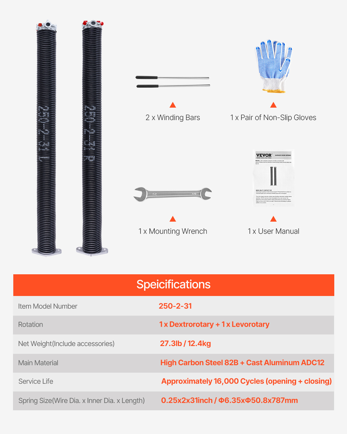 Garage Door Torsion Springs Pair of 0.25 x 2 x 31 inch with Winding Bars