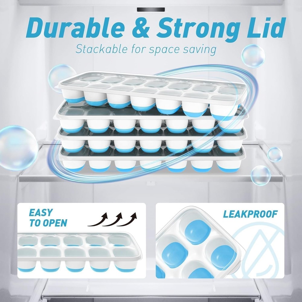 Stackable Ice Cube Trays 2 Pack with Silicone Bottom for Effortless Release