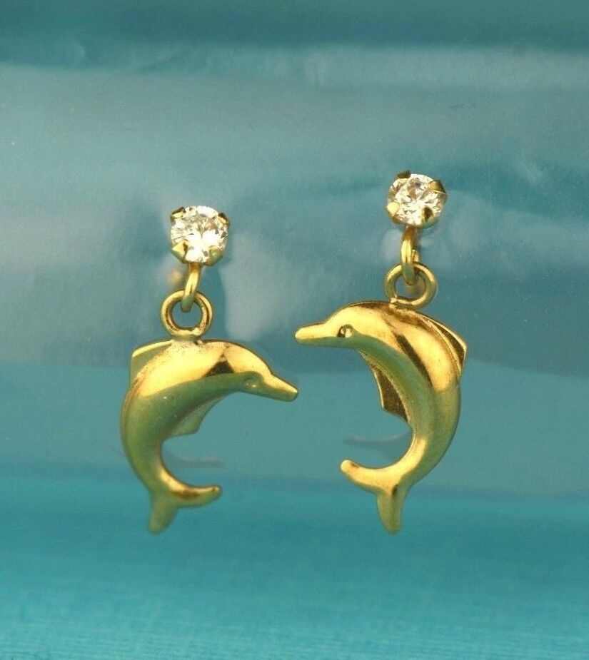 14k Yellow Gold CZ Dolphin Stud Earring