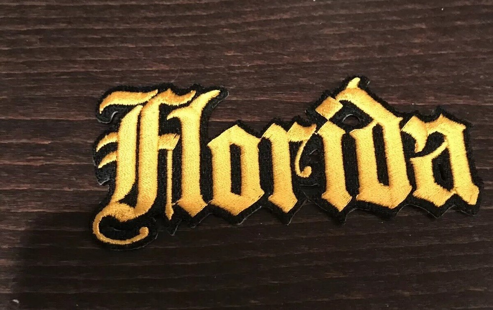 VINTAGE IRON ON EMBROIDED PATCH FLORIDA PATCH "GOLD " 4"x 2"