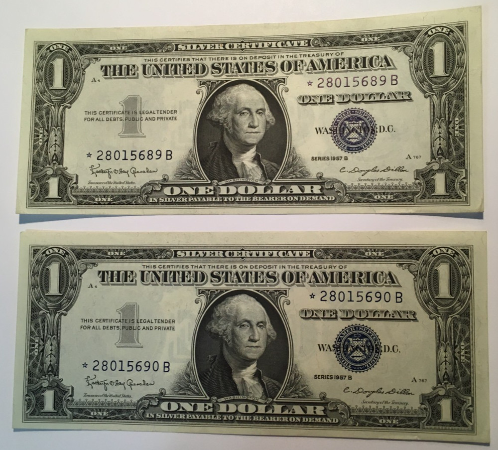 2 SEQUENTIAL 1957 B  STAR Silver Certificates  UNC