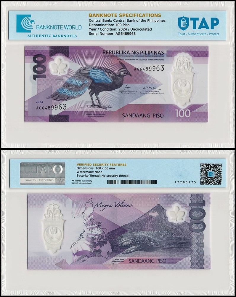 Philippines 100 Piso, 2024, P-238, UNC, Polymer, TAP Authenticated