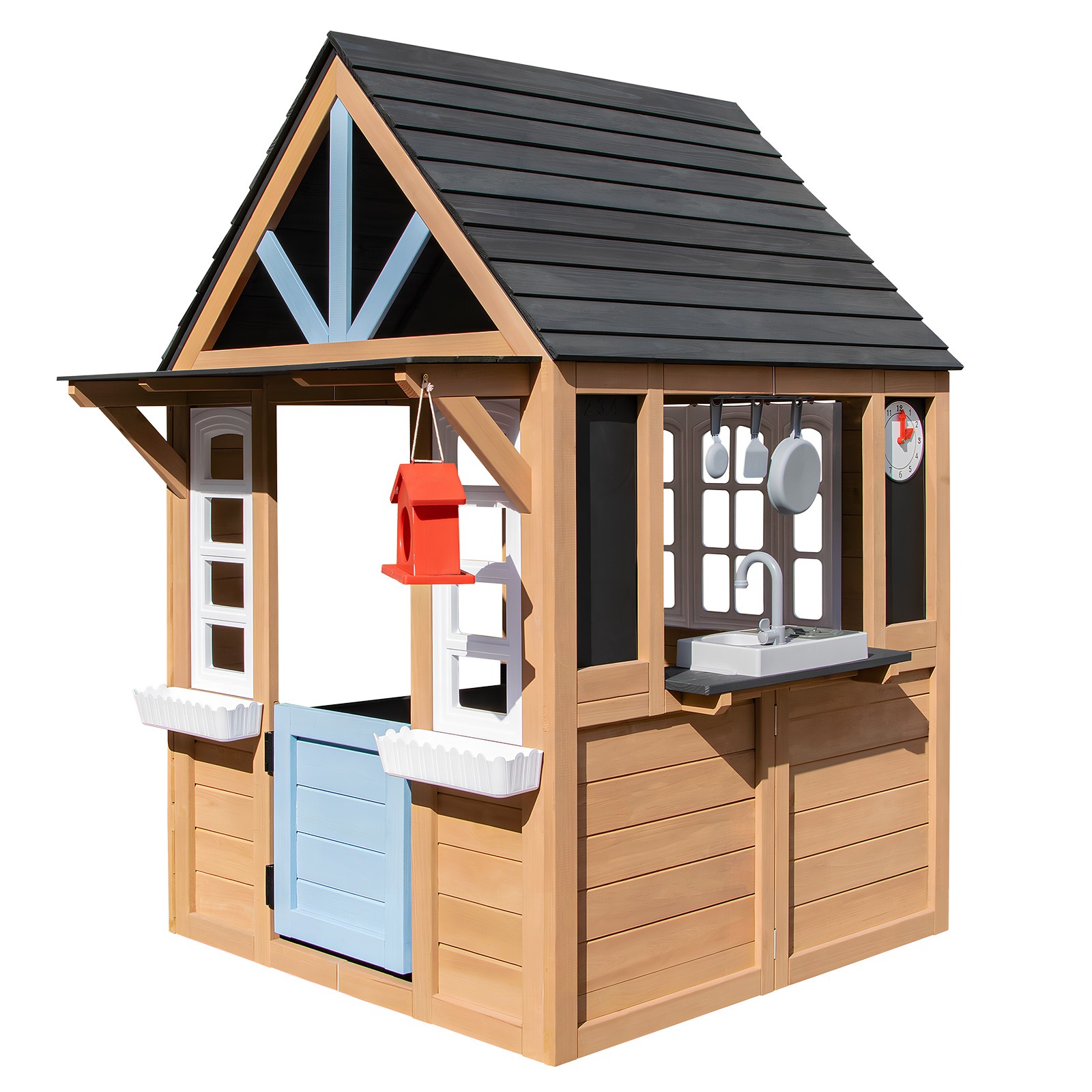 Wooden Kids Outdoor Playhouse with Window,Bench,Toy Kitchen,Flowerpot,Blackboard