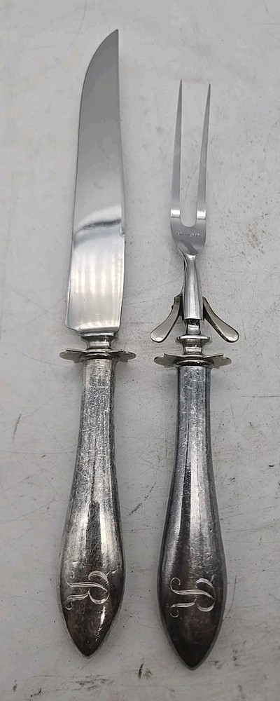 Vintage Silverplate Ornate Handle Carving Fork And Knife (123)