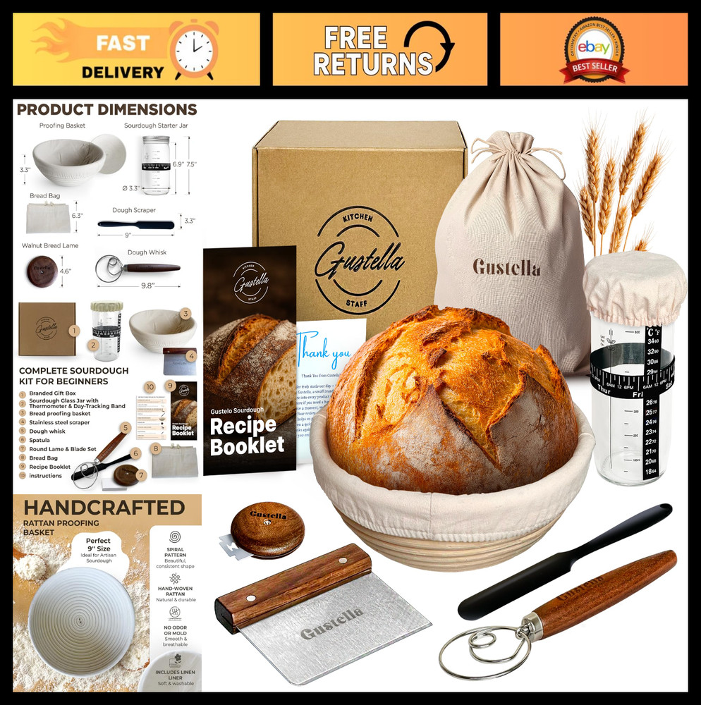 Sourdough Starter Kit for Beginners - Complete Bread Baking Set with Basket, Jar