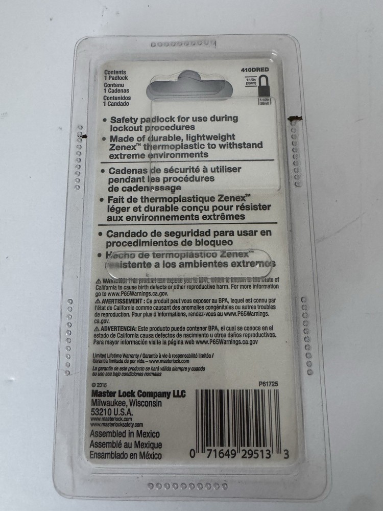 Master Lock Padlock With Key Item 410DRED New In Package Preowned