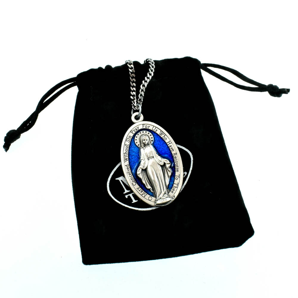 Large 1 3/4" Blue Miraculous Medal Mary Pendant Necklace Italy w 24" Curb Chain