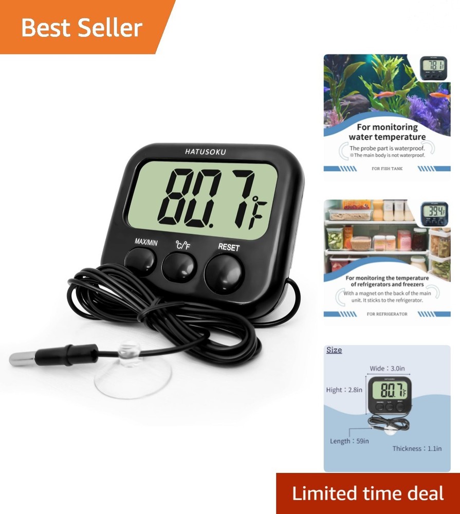 Digital Thermometer with External Sensor: Large Display & Magnetic Mount, Black