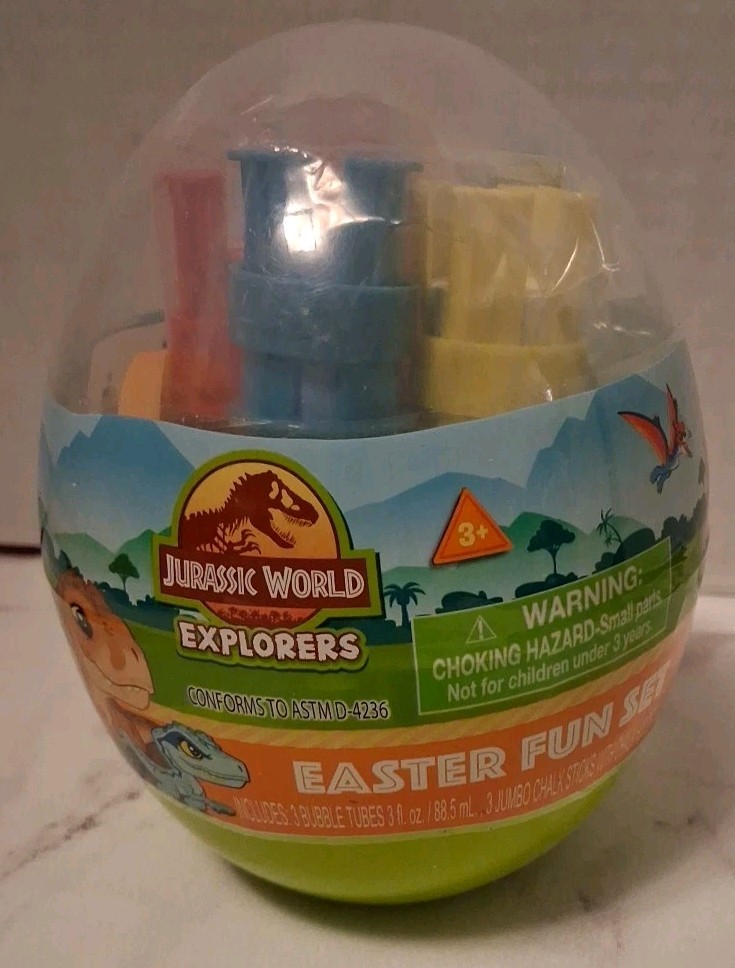 Jurassic World Explorers Easter Fun Set Bubbles Chalk Mini Disc New Unopened