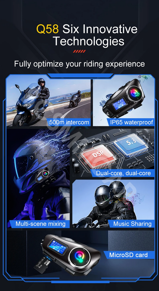 2pcs Motorcycle Intercom Helmet Bluetooth Headset LCD Display Support TF Card