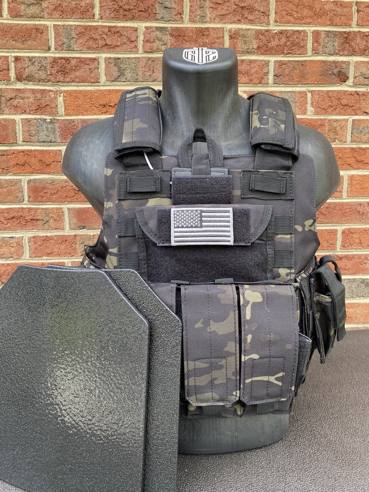 Black Multicam Tactical Vest Plate Carrier With Plates- 2 8x10 curved Plates