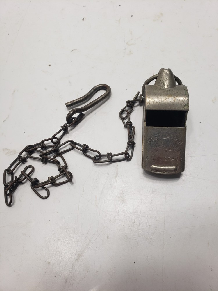 Vintage Regulation US Army Solid Brass Military Whistle W/ Original Chain & Hook