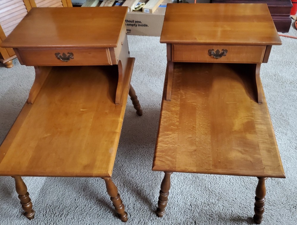 American Maple Step End Tables With A Drawer. Solid Wood, Matching Pair.