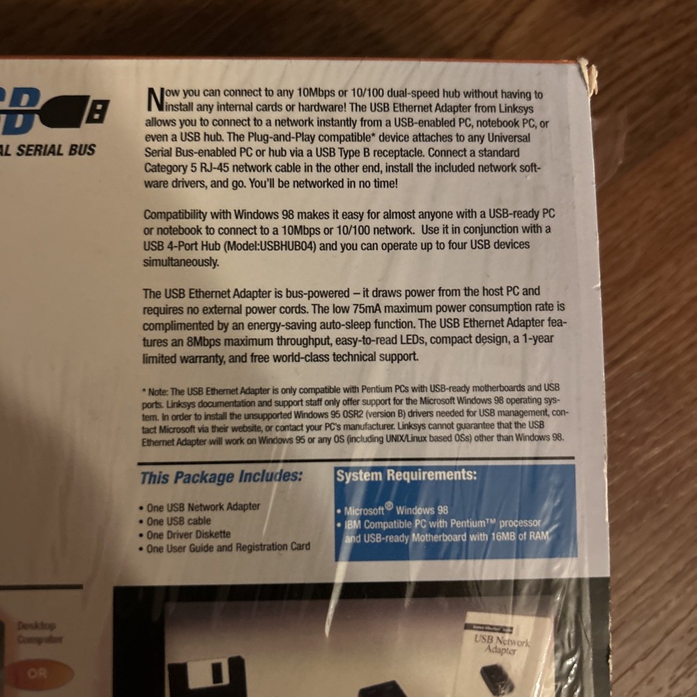 Linksys USB Network Adapter Model No. USB10T Cable DSL Compatible Ethernet