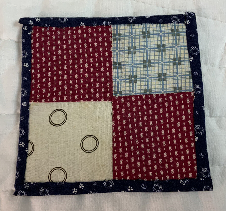 Vintage Patchwork Mini Quilt Table Topper, Four Patch, Blue, Burgundy
