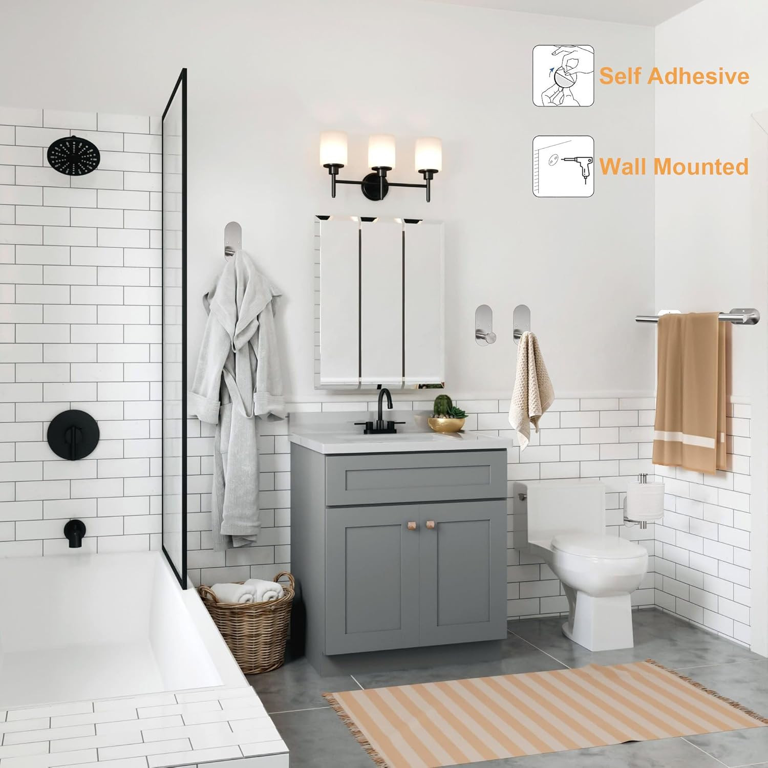 5 Pieces Wall Mounted or Self Adhesive Towel Bar Set, Stainless Steel Bathroom H