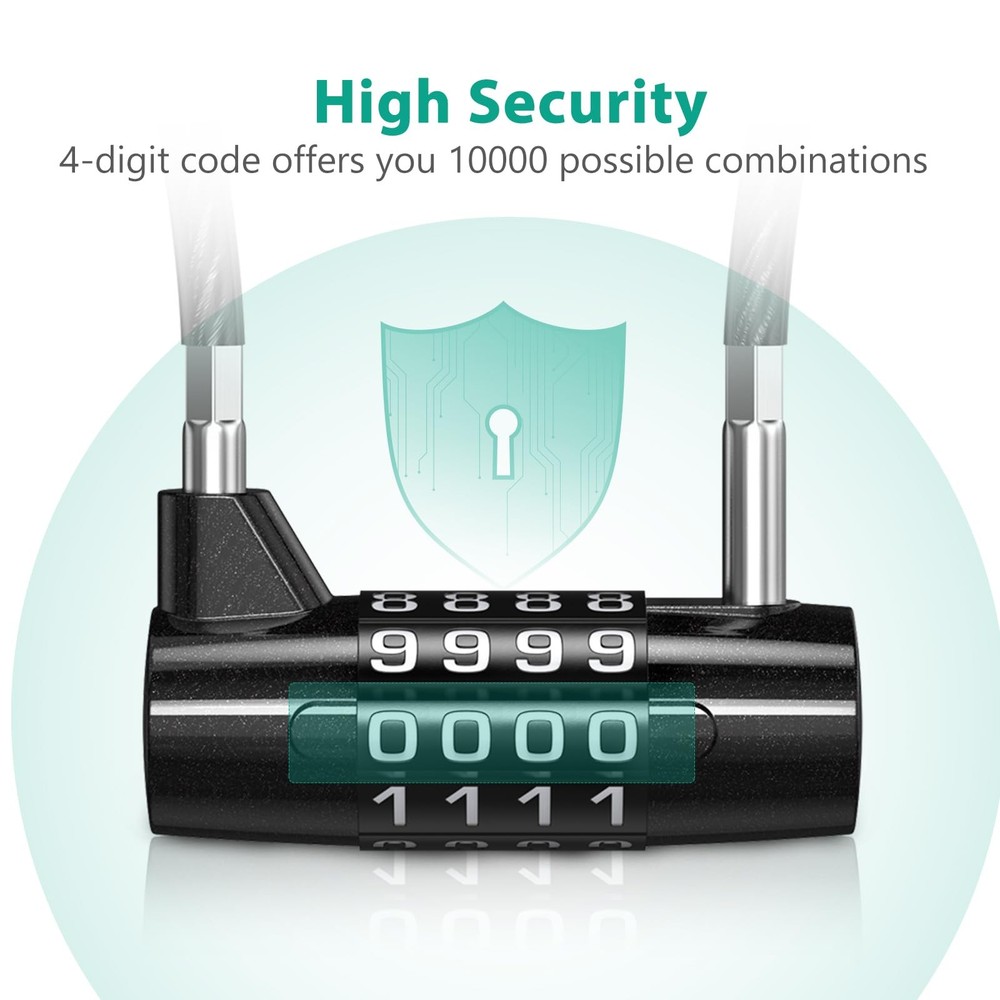 Long Shackle Combination Padlock, 4 Digit Combination Cable Lock, Resettable ...